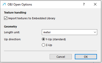 ArchiCAD OBJ Open Options dialog with embedded textures enabled, meter units, and Y-Up selected.