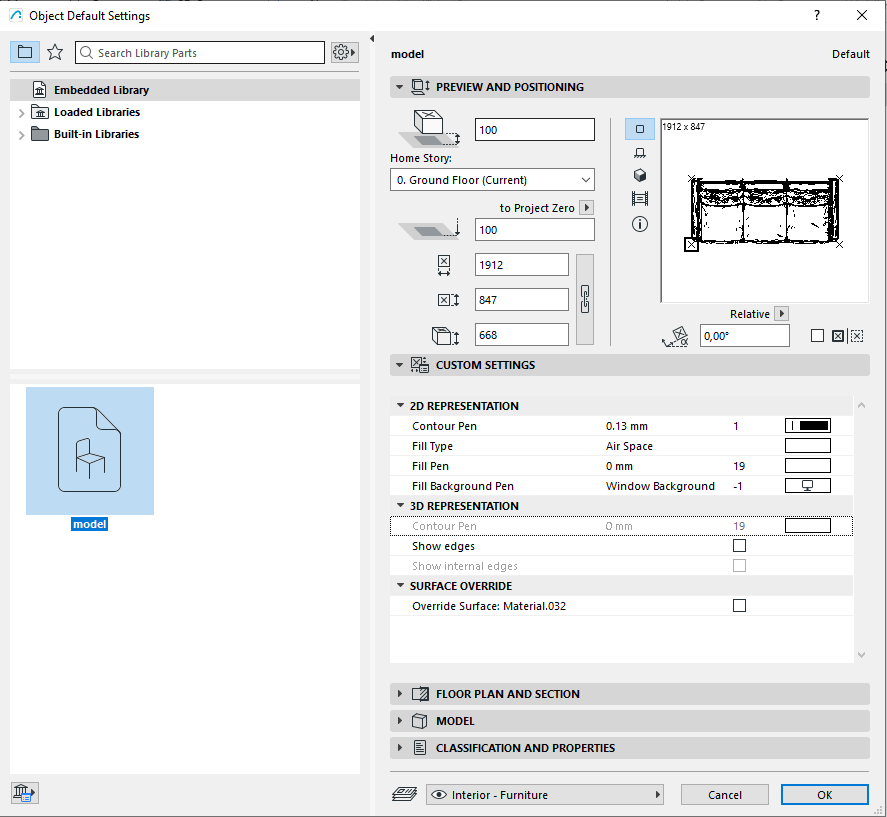 ArchiCAD Object Default Settings with 2D Representation and 3D Representation options.