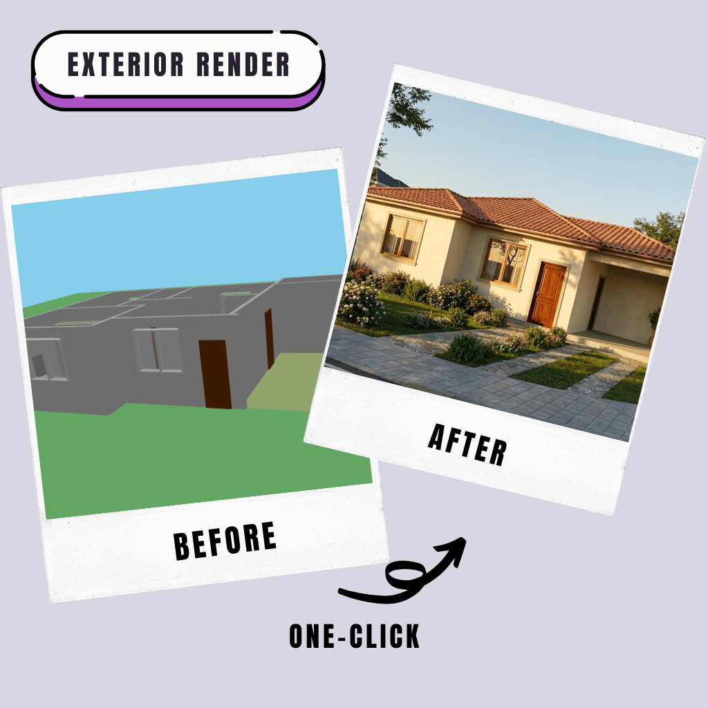 Before and after exterior render generated from a simple 3D house view