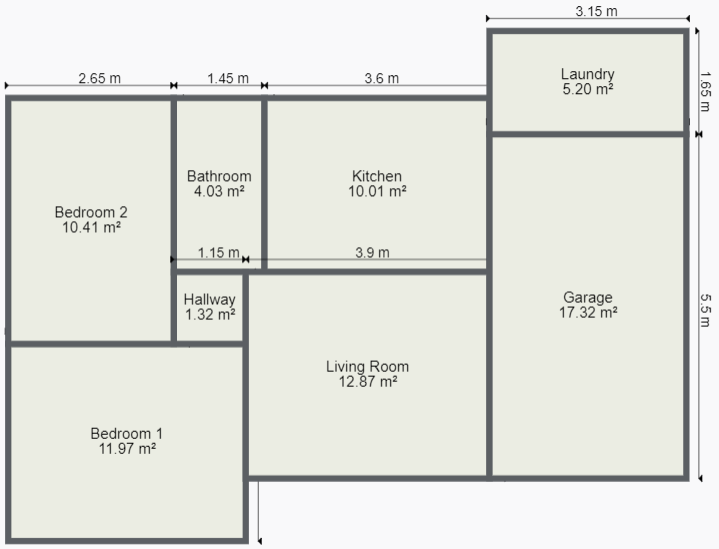 Residential floor plan generated with room areas and dimensions
