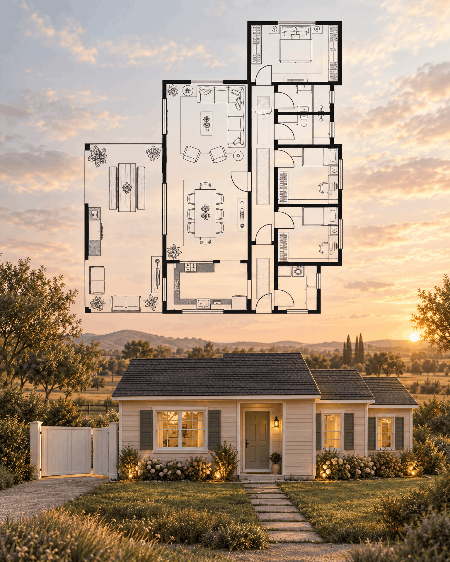 Vertical architecture presentation board example with a floor plan and residential exterior render