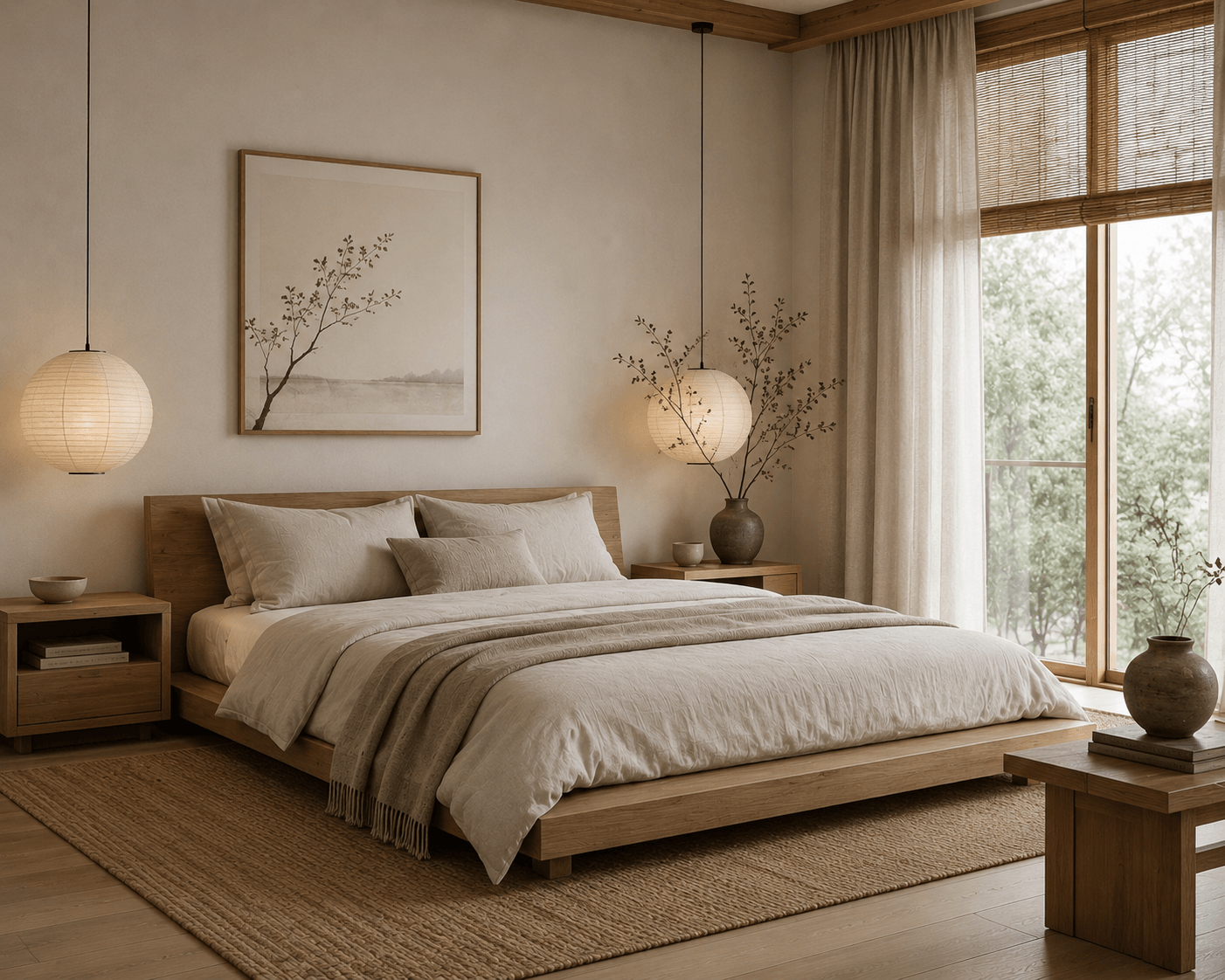 Japandi bedroom interior render style