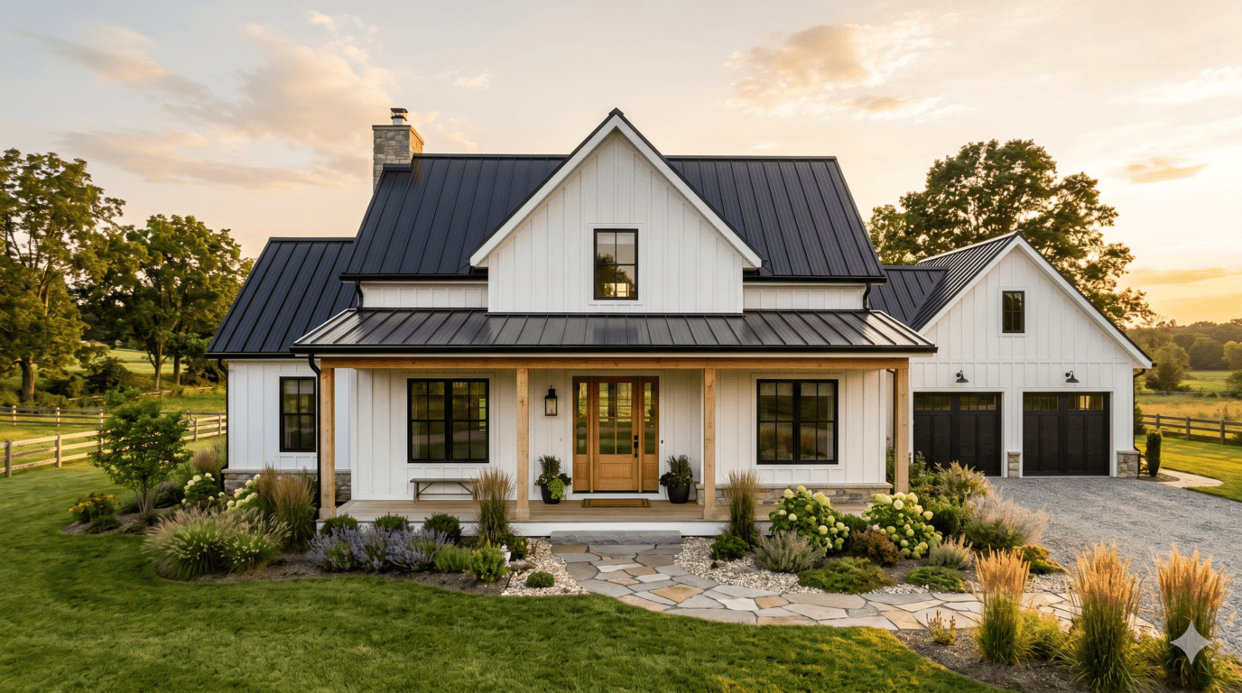 Modern farmhouse exterior render style