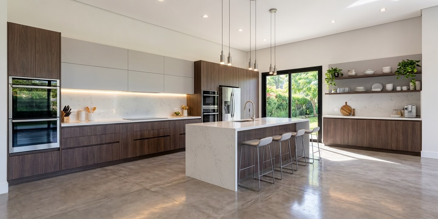 The same interior visualized as a kitchen with proposed cabinets, appliances, and an island