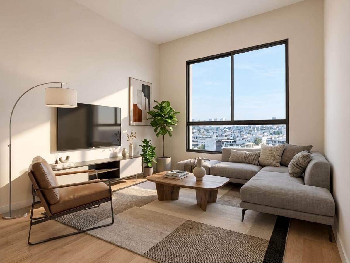 The same living room virtually staged with furniture and decor